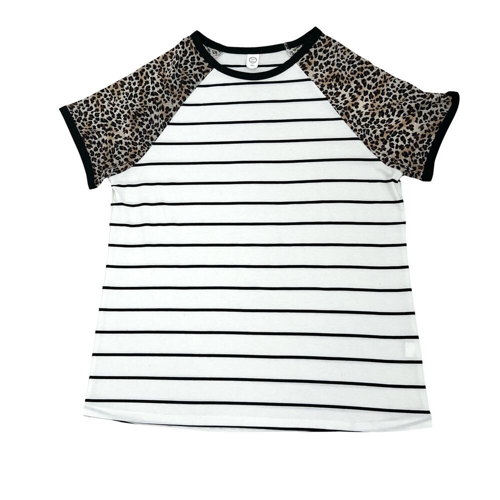 Striped Black White Top Leopard Print Sleeves Size 2XL Sunshine And Rodeos Boho